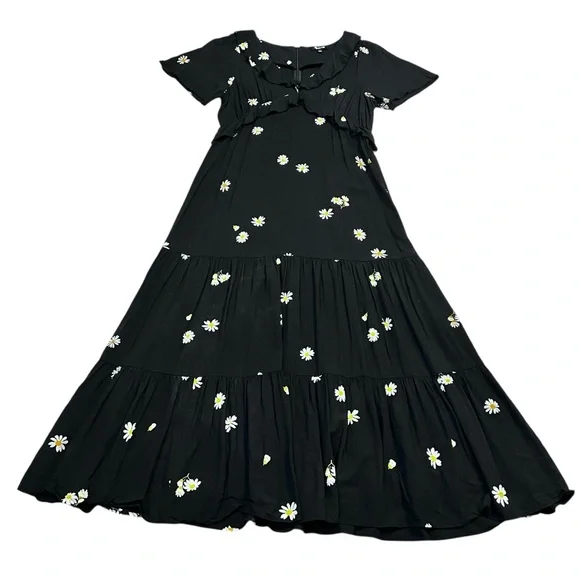 Madewell Daisy Floral Tiered Maxi Dress Black Ruffle Raw Edge Size 4 - Picture 1 of 9